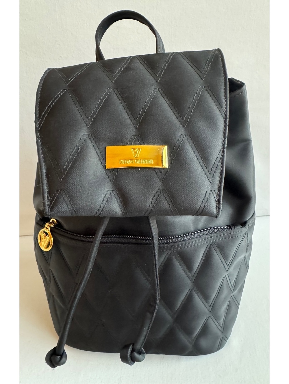 Stefano Valentino Black Quilted Backpack Gold Tone Hardware Drawstring Flap